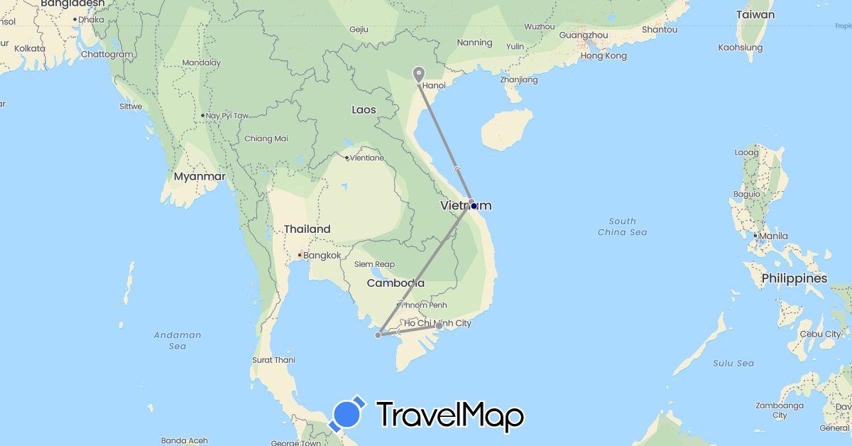 TravelMap itinerary: driving, plane in Vietnam (Asia)